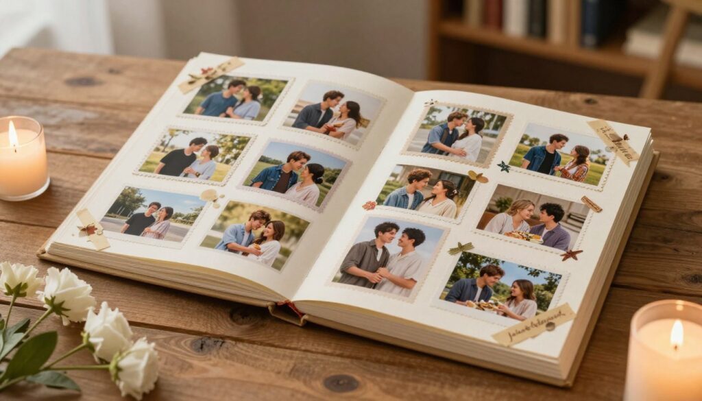 A beautifully arranged anniversary album open on a rustic wooden table, filled with elegant page layouts showcasing heartfelt memories. In the foreground, a few delicate flowers and vintage photo corners set the scene, while a softly lit candle adds a warm glow. The middle layers feature a variety of photos capturing joyful moments, from fun outings to intimate dinners, all surrounded by artistic embellishments that reflect love and history. The background shows a cozy room with soft, ambient lighting, and a blurred bookshelf that suggests a warm, inviting atmosphere. The overall mood is nostalgic and romantic, emphasizing the theme of cherishing memories in a unique, personalized way. The image is captured from a slightly elevated angle to encompass both the details of the album and its emotional context.
