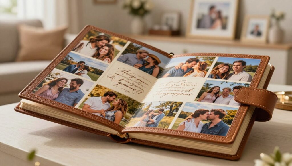 A beautifully arranged, personalized album cover prominently displayed in the foreground, featuring a textured leather finish adorned with intricate embossing. Vivid photographs are seamlessly integrated into the design, showcasing memorable moments—couples laughing, joyous celebrations, nature scenes. The middle layer features elegant calligraphy that hints at romantic themes, with soft, warm lighting illuminating the intricate details of the album cover. In the background, a softly blurred setting of a cozy, intimate space, perhaps a well-designed living room or study filled with personal mementos, enhances the atmosphere of nostalgia and warmth. The scene should evoke a sense of cherished memories, ideal for a heartfelt anniversary gift, with a gentle bokeh effect creating a dreamlike quality.