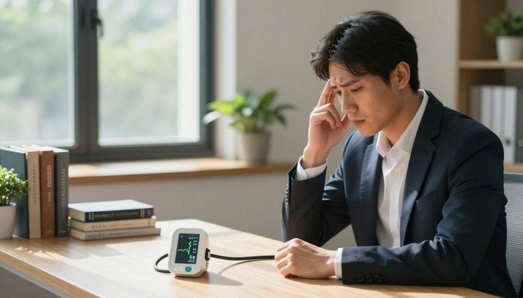 A calm, serene office setting with soft, natural lighting filtering through a window, casting gentle shadows. In the foreground, a business professional in smart attire, looking thoughtfully at a heart-rate monitor displaying fluctuating blood pressure readings. Their expression reflects mild concern, highlighting the emotional connection between stress and health. In the middle ground, a desk filled with health-related books and a window showcasing greenery outside, symbolizing relaxation. In the background, soft focus on calming decor with plants and neutral colors, creating a soothing atmosphere. The image should evoke a sense of awareness and contemplation about stress and its impact on health, encouraging viewers to think critically about the topic.
