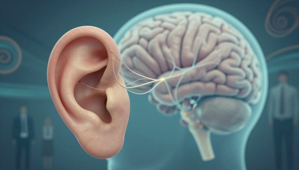 A close-up illustration of the inner ear, specifically highlighting the labyrinth structure associated with the vestibular system, reflecting its connection to the brain and balance. In the foreground, a detailed depiction of the cochlea and semicircular canals, with delicate nerve endings visibly connected to the brain. In the middle ground, a soft-focus image of a human brain, showcasing areas responsible for balance and stress response, with subtle neural connections illuminated. In the background, abstract representations of swirling patterns and faint silhouettes of people in business attire, symbolizing the impact of stress on mental health. The color palette should be calming blues and greens with gentle lighting that creates a serene atmosphere, conveying the tension between stress and equilibrium. Use a macro lens effect to bring the focus on the inner ear and brain interaction, with soft shadows to enhance depth.