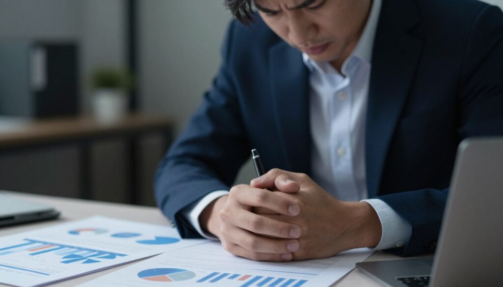 A close-up image depicting a person in professional business attire, seated at a desk, their expression reflecting a mix of tension and focus. The foreground features their hands gripping a pen tightly, showing signs of anxiety. In the middle, a soft-focus view of charts and reports scattered around, symbolizing the pressures of work-related stress. The background includes a blurred office space with dim lighting to create a moody atmosphere, emphasizing the weight of responsibility. Use a shallow depth of field to draw attention to the subject's tense expression while maintaining a professional look. The overall ambiance conveys a sense of urgency and introspection, capturing the mental interpretation of stress and its impact on the body.
