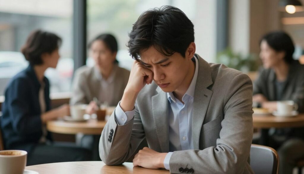 A close-up of a pensive individual, a young adult in professional attire, sitting alone at a coffee shop table, looking contemplative and slightly distressed. Their body language shows vulnerability, with hands resting on the table and a downcast gaze. In the background, blurred figures engage in lively conversation, creating a stark contrast to the subject’s isolation. Soft, diffused lighting filters through the window, casting gentle shadows that evoke a sense of introspection. The overall mood is one of quiet tension, evoking the emotional turmoil of recognizing subtle signs of manipulation. Use a focal length of around 50mm for a natural perspective that captures the essence of the subject's emotional state.
