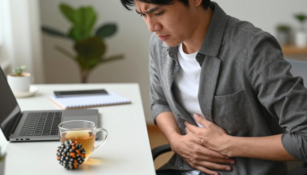 A close-up of a person sitting at a desk, looking concerned, holding their stomach in discomfort due to stress, dressed in smart casual attire. Their facial expression should convey mild distress, highlighting the emotional weight they carry. In the middle ground, a cluttered desk with a laptop, a cup of herbal tea, and stress-relief tools like a stress ball and notepad, reflecting a busy work environment. The background should show a softly blurred office space with plants, promoting a calming yet tense atmosphere. Gentle, warm lighting creates a cozy but serious mood, while the overall composition captures the interplay between emotional tension and physical discomfort, emphasizing the connection between stress and gastrointestinal reactions.