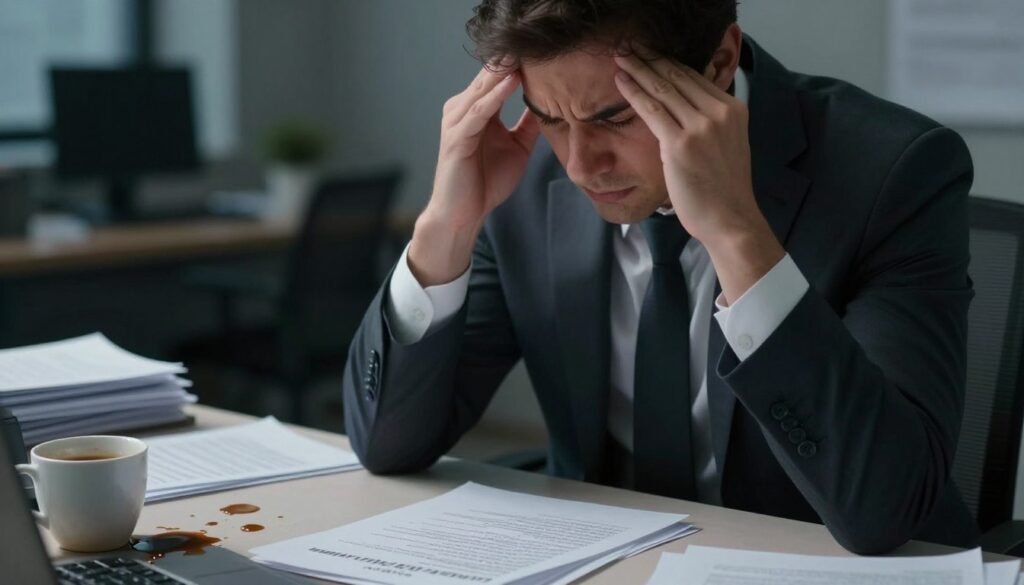 A close-up scene depicting the symptoms of stress in a professional setting. In the foreground, a businessperson in professional attire sits at a cluttered desk, their hands gripping their temples, displaying visible signs of anxiety. In the middle ground, papers are strewn about, and a cup of spilled coffee adds to the chaotic atmosphere. The background features a blurred office environment with dim lighting, casting shadows that enhance the tension. The mood is serious and urgent, highlighting the physical manifestation of stress, such as tension in the person's face and shoulders. The image should be rendered in soft, moody lighting to convey a sense of unease and pressure.