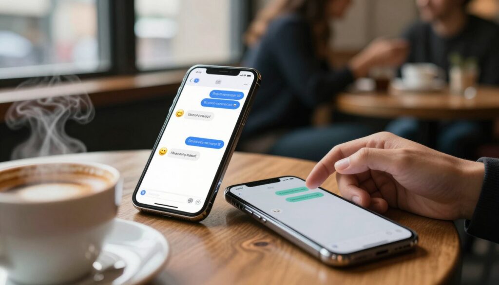 A close-up scene of two smartphones placed on a wooden café table, displaying text message bubbles on their screens. One screen shows a cheerful emoji and a playful message, while the other shows a subtle, curious reply. In the foreground, a coffee cup with steam rising adds warmth to the atmosphere. Soft, natural lighting filters through the window, casting gentle shadows, enhancing the intimate feel of the moment. In the background, blurred silhouettes of people engaged in conversation create a lively yet unobtrusive ambiance. The overall mood is flirtatious and lighthearted, showcasing the fine line between friendship and flirtation in digital communication, with a focus on the tactile moment of connection through text.