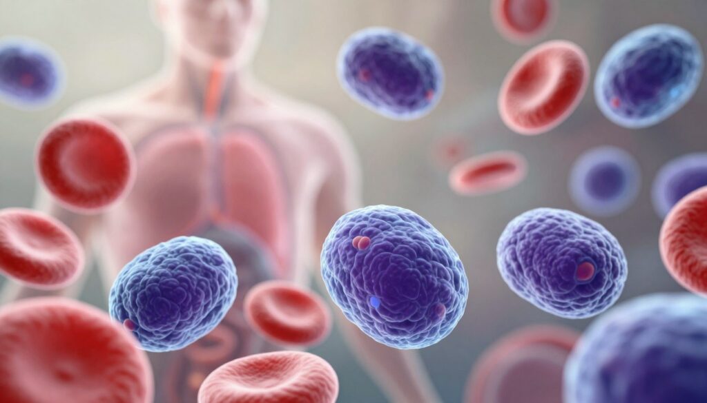 A close-up view of lymphocytes, the vital white blood cells in the human immune system, represented in a vibrant and scientific manner. In the foreground, depict several lymphocytes with distinct round shapes and a smooth texture, showcasing their purple and blue hues under a high-resolution microscopic lens. The middle ground can feature a subtle representation of red blood cells in contrast, creating a dynamic color palette. In the background, include a soft-focus depiction of a human immune system illustration, glowing softly with diffused light to create an ethereal atmosphere. Use bright, natural lighting to emphasize the cellular details, and a slight bokeh effect to enhance the depth and focus on the lymphocytes, conveying a sense of protection and vitality in the fight against infections.