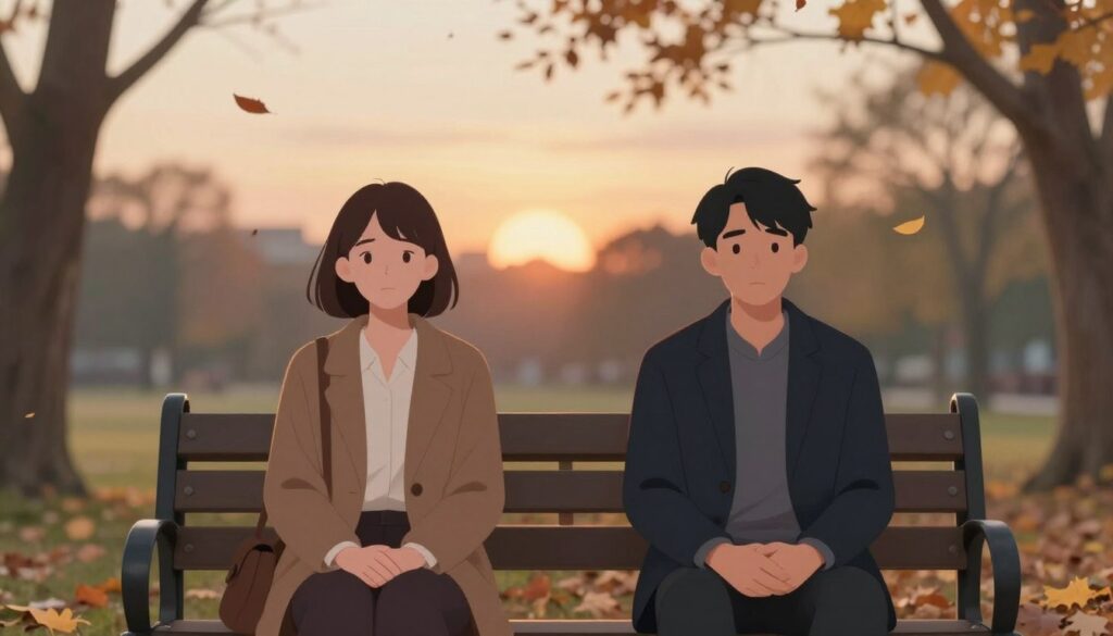 A conceptual illustration depicting the stages of a relationship breakdown. In the foreground, show two individuals sitting on a park bench with distant expressions, dressed in casual yet professional attire, symbolizing emotional distance. The middle ground features a soft, blurred background of a park with autumn leaves falling, representing change and the passage of time. The background should include a sunset, casting warm, melancholic lighting that enhances the mood of reflection and sadness. Use a shallow depth of field to draw attention to the figures while elegantly fading the surroundings, creating an atmosphere of introspection and quiet conflict.