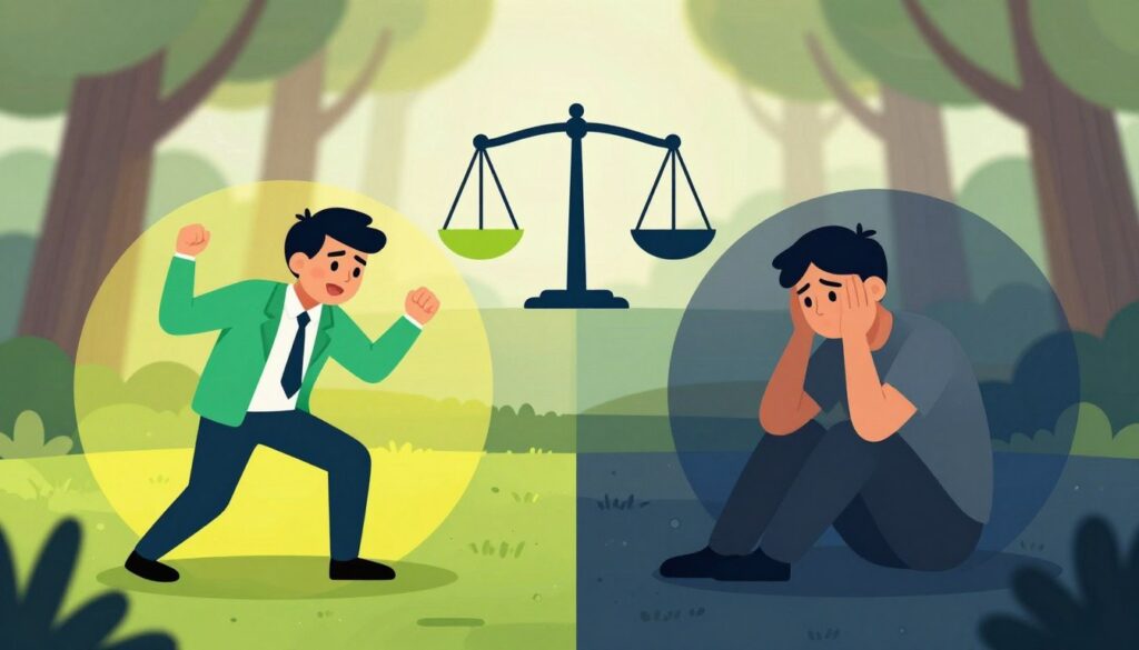 A conceptual illustration representing the duality of eustress and distress. In the foreground, a split scene: on the left, a person in professional attire, radiating energy and focus, surrounded by vibrant colors symbolizing eustress, such as bright greens and yellows; on the right, a person in casual clothing, appearing overwhelmed and tense, set against darker, muted hues representing distress, like deep blues and greys. In the middle ground, visual metaphors such as a scale balancing light and dark elements. The background will feature a serene nature scene, suggesting harmony and balance, with soft sunlight filtering through trees to create an uplifting mood. Use a shallow depth of field to emphasize the characters while keeping the environment slightly blurred, inviting viewers into the narrative.