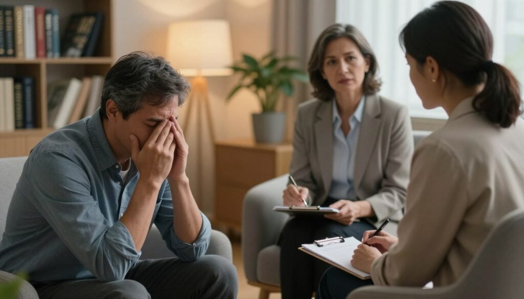 A contemplative scene depicting a professional psychologist's office, with a focus on two individuals engaged in a deep conversation. In the foreground, a middle-aged man, dressed in smart casual attire, displays a tense expression, reflecting emotional distress. His body language conveys vulnerability and uncertainty. In the middle, a compassionate psychologist, a middle-aged woman in professional attire, is seated across from him, actively listening, with a notepad in hand, suggesting a supportive environment. The background features soft, warm lighting, with calming elements like bookshelves filled with psychology texts and a potted plant, creating a serene and insightful atmosphere. The angle is slightly high, providing a sense of intimacy, while the color palette is muted and soothing, reflecting the theme of mental health and introspection.