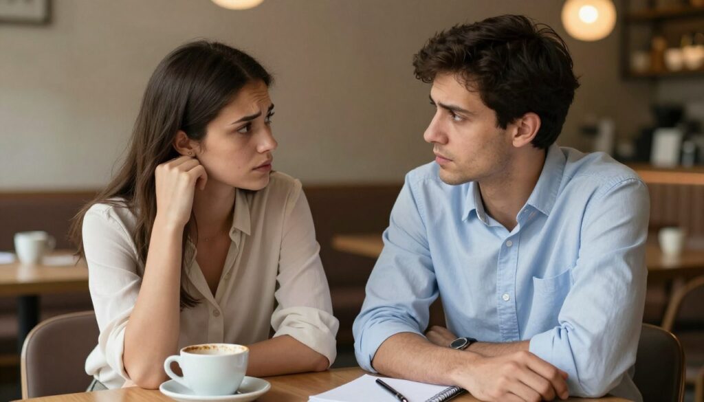 A couple sits at an intimate café table, engaged in a serious conversation. The man, wearing a smart casual button-up shirt, looks attentively at the woman, who is dressed in a modest blouse. Their expressions convey a mixture of concern and hope. In the foreground, a half-empty cup of coffee and a small notepad with a pen are visible, symbolizing the importance of communication and reflection. The background reveals a softly lit café atmosphere with warm colors, creating a serene and inviting mood. A gentle light source illuminates their faces, highlighting the emotions of vulnerability and trust. The angle captures the essence of their connection, emphasizing the gravity of their discussion amidst the cozy environment.