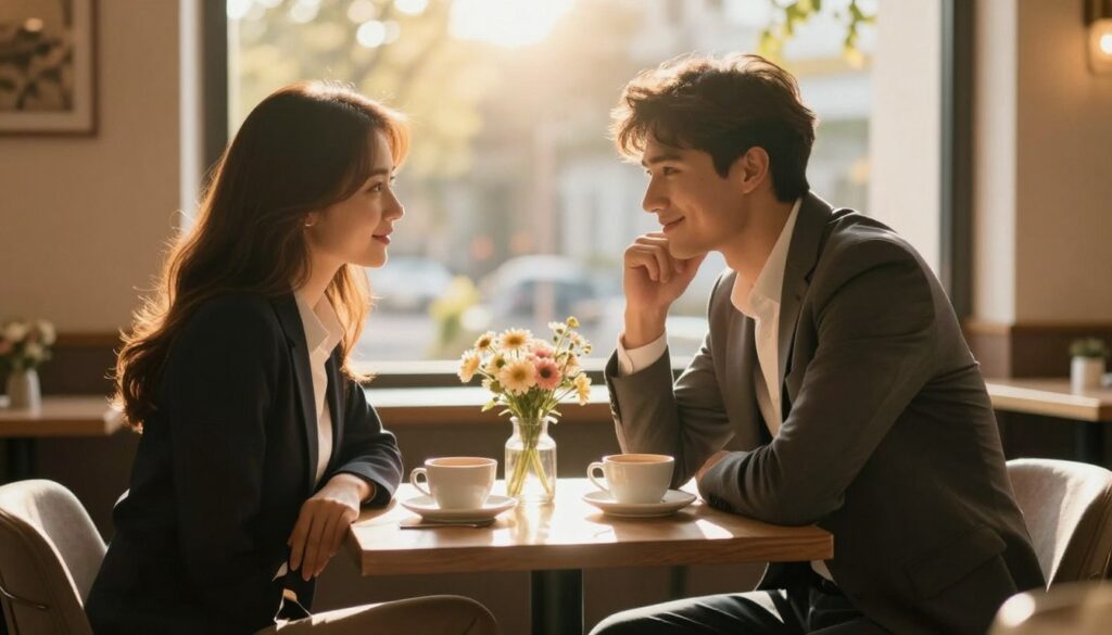 A couple sitting at a cozy café, radiating an atmosphere of enchantment and warmth. In the foreground, a woman in professional business attire gazes adoringly at her partner, who is slightly leaning forward with a charming smile, embodying charisma and allure. The middle ground showcases a beautifully set table adorned with delicate flowers and two coffee cups, emphasizing intimacy and care. In the background, soft sunlight filters through a large window, casting a golden glow that enhances the romantic ambiance. The scene conveys a sense of idealization, capturing the initial enchantment of a relationship marked by love bombing. The lighting is warm and inviting, creating a dreamlike quality that reflects both excitement and potential underlying manipulation.