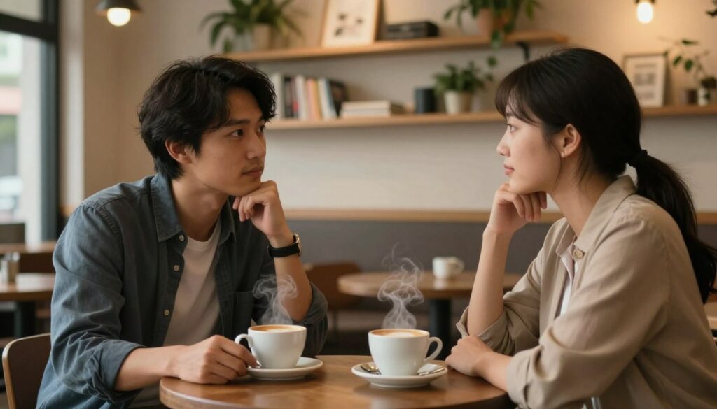 A cozy coffee shop scene depicting two individuals engaged in a deep and meaningful conversation, sitting across from each other at a small table. The foreground showcases cups of steaming coffee, conveying warmth and connection. The middle layer includes the two figures, a man and a woman, dressed in modest, professional attire, leaning slightly towards each other, with thoughtful expressions that indicate active listening and vulnerability. The background features a softly lit interior with wooden shelves filled with books and plants, creating an inviting atmosphere. The lighting is warm and intimate, with soft shadows that enhance the emotional depth of the scene. The overall mood is reflective and hopeful, illustrating the importance of communication in nurturing relationships and bridging emotional distances.