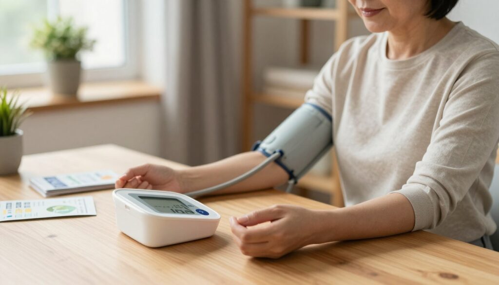 A cozy home setting, featuring a middle-aged individual in professional attire sitting calmly at a wooden desk, measuring their blood pressure with a digital blood pressure monitor. Soft, warm lighting creates a relaxed atmosphere, emphasizing the importance of the moment. In the foreground, the digital device clearly shows a reading, while the individual appears focused and composed, reflecting a sense of control despite potential stress. The background is softly blurred, revealing a well-organized room with soothing colors, a plant on the windowsill, and a few health pamphlets on the desk. The overall mood conveys tranquility and self-awareness, highlighting the process of monitoring health in stressful times.