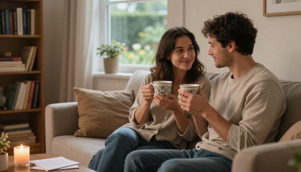 A cozy living room scene featuring a couple sitting close together on a sofa, sharing a warm drink in elegant mugs. The woman and man are dressed in comfortable, modest casual clothing, with soft, inviting expressions that convey trust and closeness. In the foreground, on a small table, there are a few heartfelt notes and a candle creating a warm glow. In the middle ground, a bookshelf filled with books about relationships and personal growth reflects their commitment to nurturing their bond. In the background, a window shows a serene garden outside, suggesting tranquility. The lighting is warm and soft, evoking a feeling of intimacy and safety, with a shallow depth of field to focus on the couple while softly blurring the background.