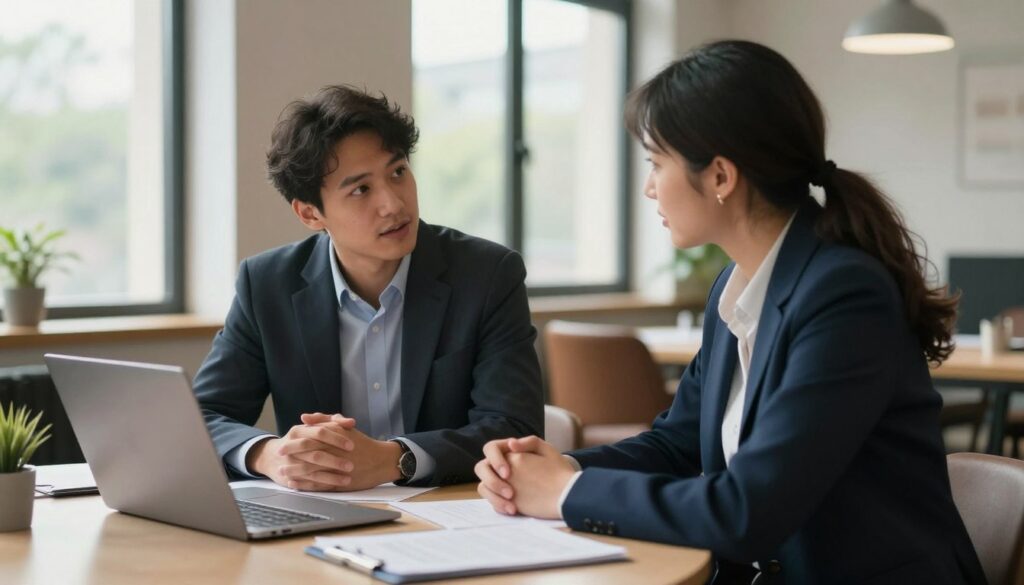 A cozy, modern office space featuring two diverse professionals engaged in a focused conversation. In the foreground, a man in a neat suit and a woman in smart casual attire are seated at a round table, leaning slightly towards each other, conveying attentiveness and connection. The middle ground includes an assortment of notes and a laptop, symbolizing collaboration. In the background, large windows let in soft, natural light, creating a warm atmosphere with subtle greenery outside. The scene captures an air of trust and openness, with a focus on body language that indicates understanding and respect. The image should evoke a sense of partnership and effective communication in a professional setting, depicted in a clear, well-composed manner.