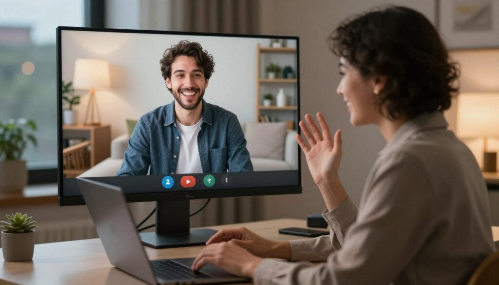 A cozy, warmly lit scene depicting two individuals engaged in a video call. In the foreground, one person sits at a modern desk with a laptop, dressed in professional business attire, smiling as they speak, their expression reflecting warmth and connection. The middle layer features a large screen showing the second person, equally dressed in smart casual clothing, sitting in a comfortably decorated room, exuding joy and engagement. The background hints at a peaceful urban setting through a window, with soft evening light filtering in, creating an inviting atmosphere. This image encapsulates the theme of distance communication fostering closeness and understanding, emphasizing facial expressions and body language that convey trust and intimacy.