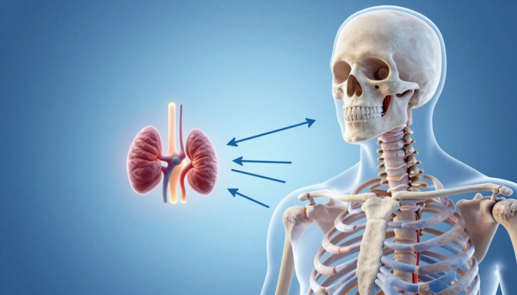 A detailed anatomical illustration depicting the biological interaction between cortisol and calcium in bone metabolism. In the foreground, showcase a stylized representation of a human skeleton, highlighting the bones with a translucent effect to emphasize calcium release. In the middle ground, incorporate a visual metaphor for cortisol, such as adrenal glands depicted as tiny, glowing structures, while arrows illustrate the signaling process from cortisol to the bones. The background should be a soft, gradient blue, suggesting tranquility contrasted with an underlying tension, symbolizing stress. Use soft, ambient lighting to create a serene yet informative atmosphere, giving the image a scientific yet approachable feel. The overall mood should evoke curiosity and a sense of discovery regarding the interplay between stress and mineral balance.