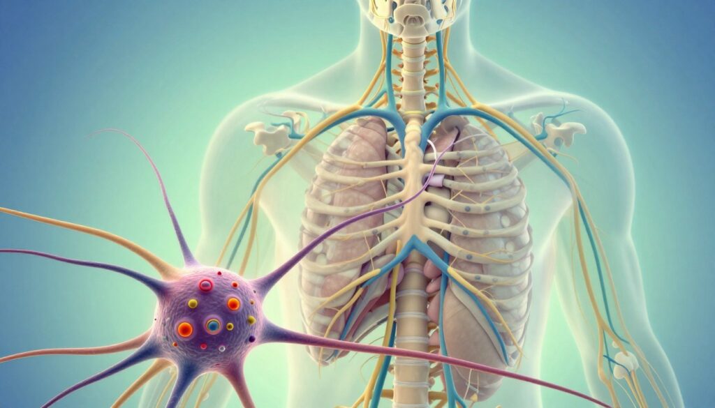 A detailed and visually striking illustration of the human nervous system, with an emphasis on the intricate network of neurons and pathways. In the foreground, a close-up view reveals the detailed structure of a nerve cell, with vibrant colors highlighting synapses and electrical impulses. The middle layer features an anatomical representation of the spinal cord and major nerve clusters, displaying connections to various organs. The background gently fades into a calming gradient of soft blues and greens, suggesting tranquility. Ambient lighting enhances the organic shapes, casting subtle shadows to create depth. The overall mood is serene, evoking a sense of balance and calm, connecting the nervous system with the theme of relaxation through breath.