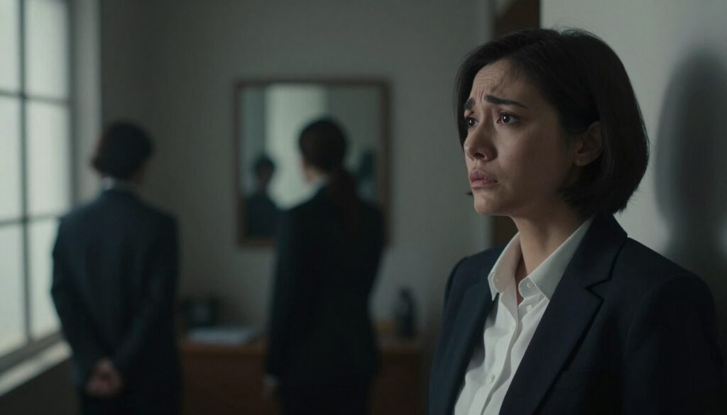 A dimly lit room conveying a sense of tension and unease. In the foreground, a single person in professional business attire, with a worried expression, stands near a window, gazing outside as shadows loom behind them, symbolizing control and fear. Their body language is tense, suggesting a struggle with emotions. In the middle ground, blurred figures in the shadows represent possessiveness, reinforcing the feeling of being watched. The background features a subtly distorted mirror reflecting the worried individual, illustrating the theme of losing oneself. Soft, muted lighting casting long shadows enhances the oppressive atmosphere, while a close-up angle focuses on the subject's face, evoking empathy and concern.