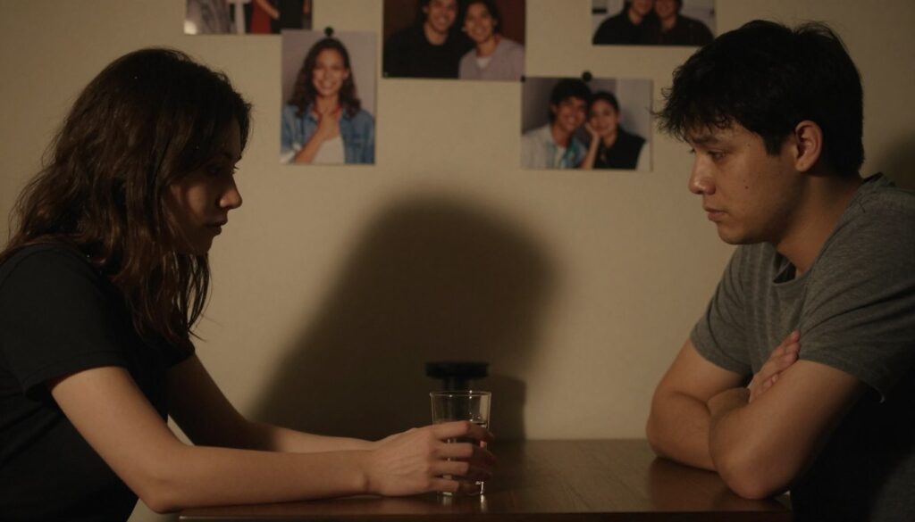 A dimly lit room creates an intimate yet tense atmosphere, featuring two people sitting at a small table, their expressions reflecting suspicion and unease. The foreground showcases their hands, one partner gently touching a glass of water, symbolizing uncertainty, while the other has crossed arms, a gesture of defensiveness. In the middle, a shadow separates them, visually representing the metaphorical wall built by lies and omissions. The background features blurred photographs of happy memories, now dulled, hinting at a past filled with trust that has been fractured. Soft, warm lighting accentuates the emotional weight of the moment, highlighting the contrast between the couple's current disconnect and their once strong bond. This image captures the spiraling impact of deceit in relationships.