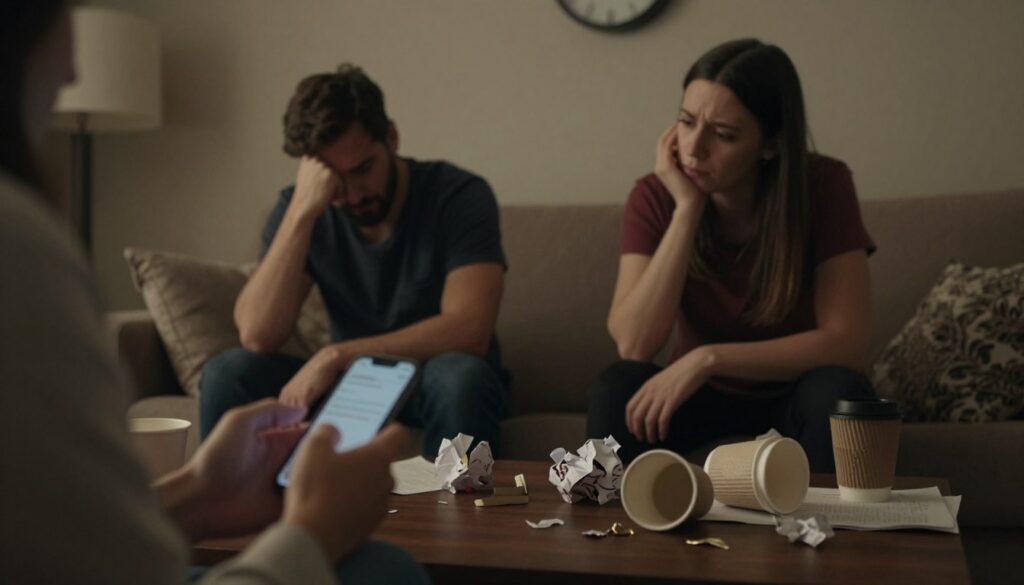 A dimly lit room featuring a couple sitting on a couch, absorbed in a tense conversation. The foreground shows a close-up of their hands; one partner subtly manipulating a phone, while the other appears distracted and worried, highlighting the emotional disconnect. In the middle ground, a coffee table cluttered with discarded items (like empty coffee cups, crumpled papers) signifies confusion and chaos in the relationship. The background is faded, with soft shadows of a clock and books on the wall, suggesting passing time and hidden truths. Use warm, muted lighting to create an atmosphere of unease and tension, focusing on a slightly tilted angle to evoke disorientation and discomfort. The overall mood should reflect the subtle yet powerful signals of manipulation present in daily interactions.