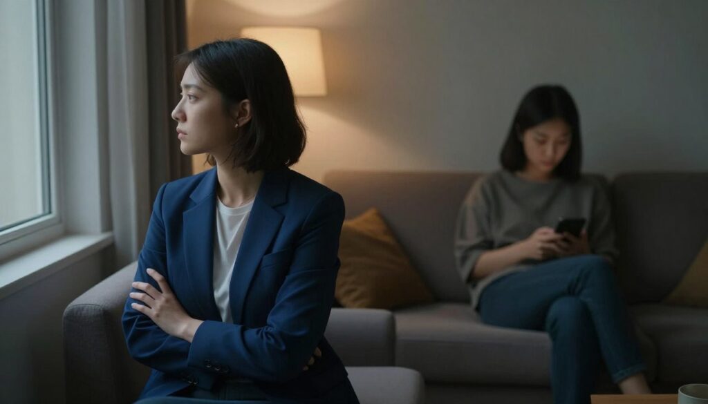 A dimly lit room with two individuals sitting apart on a cozy couch, embodying emotional distance. In the foreground, one person gazes thoughtfully out of a window, wearing a professional deep blue blazer, while the other focuses on their phone, dressed in modest casual attire. The body language reflects separation, with crossed arms and turned bodies. The background features soft, muted colors, enhancing the atmosphere of disconnection. A warm table lamp casts gentle light, creating shadows that emphasize the gap between them. The overall mood is contemplative, highlighting the initial signals of growing distance in a relationship, inviting viewers to reflect on the importance of closeness and communication.