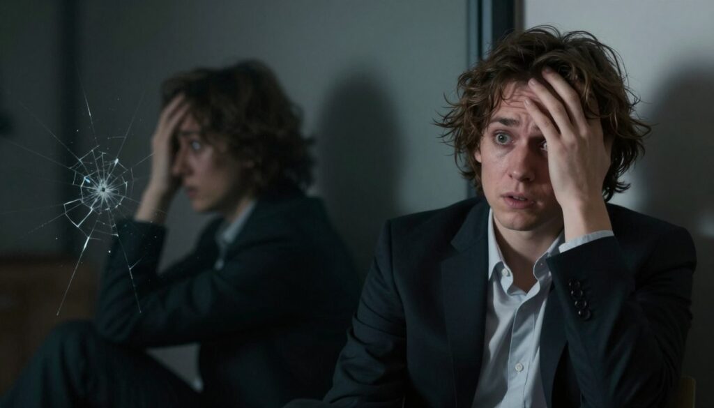 A distressed individual sitting alone in a dimly lit room, eyes wide with shock and disbelief. The foreground features the person prominently, dressed in professional business attire, with disheveled hair and a hand resting on their forehead, conveying a sense of emotional turmoil. In the middle, a blurred reflection of a broken relationship can be seen through a window, hinting at betrayal. The background includes dark shadows and subdued colors to enhance the mood, reminiscent of heartbreak. Soft, muted lighting casts delicate shadows, emphasizing the person's vulnerability. The atmosphere is heavy and introspective, capturing the essence of initial emotional reactions to betrayal. A distressed individual sitting alone in a dimly lit room, eyes wide with shock and disbelief. The foreground features the person prominently, dressed in professional business attire, with disheveled hair and a hand resting on their forehead, conveying a sense of emotional turmoil. In the middle, a blurred reflection of a broken relationship can be seen through a window, hinting at betrayal. The background includes dark shadows and subdued colors to enhance the mood, reminiscent of heartbreak. Soft, muted lighting casts delicate shadows, emphasizing the person's vulnerability. The atmosphere is heavy and introspective, capturing the essence of initial emotional reactions to betrayal.