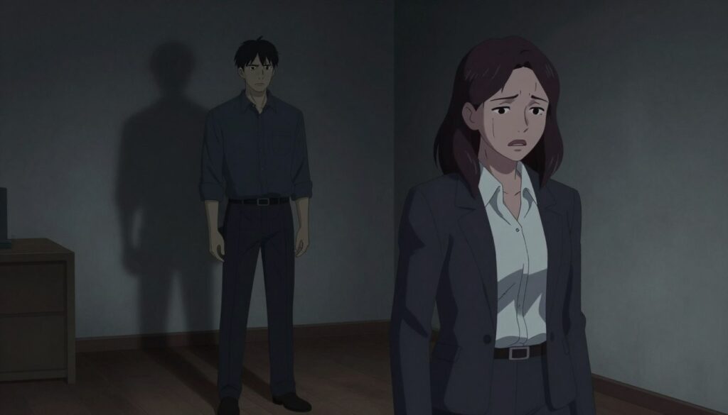 A dramatic and moody illustration of a toxic relationship, featuring two individuals standing apart in a dimly lit room. The foreground shows one person, a woman in business attire, with a distressed expression, reflecting feelings of entrapment. The middle ground captures the other person, a man, with a cold and indifferent demeanor, his posture suggesting emotional distance. In the background, abstract shadows and dark colors create a suffocating atmosphere, symbolizing the lurking negativity in a toxic relationship. A subtle, dim light source casts elongated shadows, emphasizing the isolation between them. The overall mood is tense and somber, inviting the viewer to contemplate the complexity of toxic dynamics in relationships.
