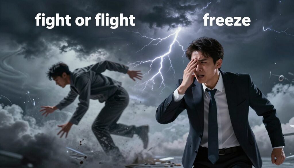 A dramatic visual representation illustrating the "fight or flight" and "freeze" responses in the human body under stress. In the foreground, a professional individual in business attire exhibits intense emotions, with a sense of urgency in their posture; one moment they appear ready to confront a challenge, and in the next, they seem frozen in place. The middle layer showcases a blurred figure representing the adrenaline rush and the instinct to escape. In the background, abstract representations of chaotic elements, such as dark swirling clouds and flashes of lightning, metaphorically depict stress and anxiety. The lighting is high contrast, emphasizing shadows and highlights on the figures to evoke tension. Capture this scene from a slightly low angle to enhance the dramatic effect, creating a sense of depth and urgency.