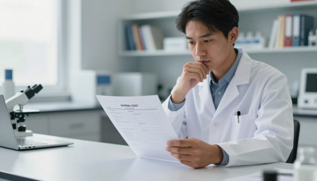 A medical professional analyzing lab results, focused on a report showing normal CRP levels alongside elevated monocytes. In the foreground, the report is clearly visible on a sleek, modern desk, with details highlighting the laboratory data. The middle ground features the professional, a diverse individual in a white lab coat, concentrating on the report, with a thoughtful expression. The background is softly blurred, depicting a well-lit laboratory or medical office with shelves of medical books and equipment. The scene is illuminated by bright, natural light coming from a nearby window, creating a calm and professional atmosphere. The overall mood is analytical and serious, reflecting the importance of interpreting these lab results in the context of stress.
