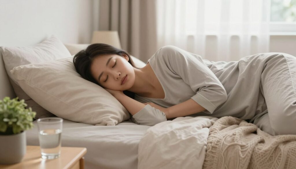 A peaceful bedroom scene focused on a cozy bed, invitingly made with soft, muted colors and fluffy pillows. In the foreground, a bedside table holds a glass of water and a small potted plant, symbolizing hydration and tranquility. The middle of the image features a serene individual, dressed in comfortable yet modest sleepwear, lying peacefully on the bed with their eyes closed, embodying relaxation and rest. In the background, soft, diffused natural light filters through sheer curtains, creating a warm and calming atmosphere. The overall mood of the image conveys serenity and comfort, emphasizing the importance of quality sleep as a vital aspect of stress management.