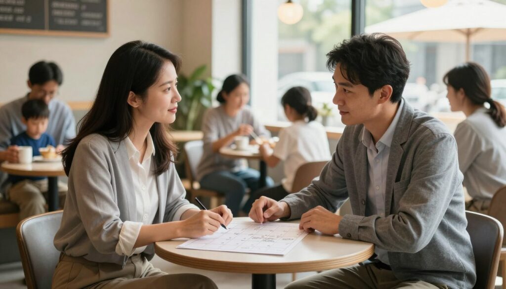A poignant scene illustrating co-parenting after a separation, featuring a friendly, collaborative meeting between a father and mother in a cozy, warmly lit coffee shop. The foreground shows the couple sitting at a small round table, discussing a calendar spread out before them, filled with notes about their children’s activities. They are dressed in professional but casual attire, reflecting a constructive and respectful dialogue. The middle ground captures the ambient café atmosphere, complete with other families enjoying their time together, hinting at community support. In the background, soft sunlight filters through large windows, creating a hopeful and positive mood, symbolizing unity despite challenges. The image evokes a sense of cooperation, understanding, and amicable parenting.