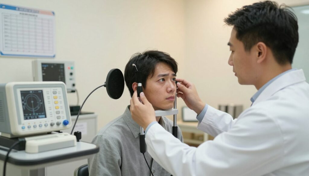 A professional medical setting illustrating a hearing examination process related to dizziness and disorientation. In the foreground, a focused audiologist, dressed in a white lab coat, is gently conducting a hearing test with a patient in a functioning sound booth, who appears curious and slightly apprehensive. In the middle ground, various audiometric instruments and charts are clearly visible, emphasizing the diagnostic aspect of the setting. The background features a well-lit, organized clinic space, with soft, warm lighting that creates a calm atmosphere. The angle is slightly tilted to give a dynamic feel, drawing the viewer's eye to the interaction between the audiologist and the patient. The mood is professional, yet empathetic, reflecting the seriousness of the symptoms being evaluated.