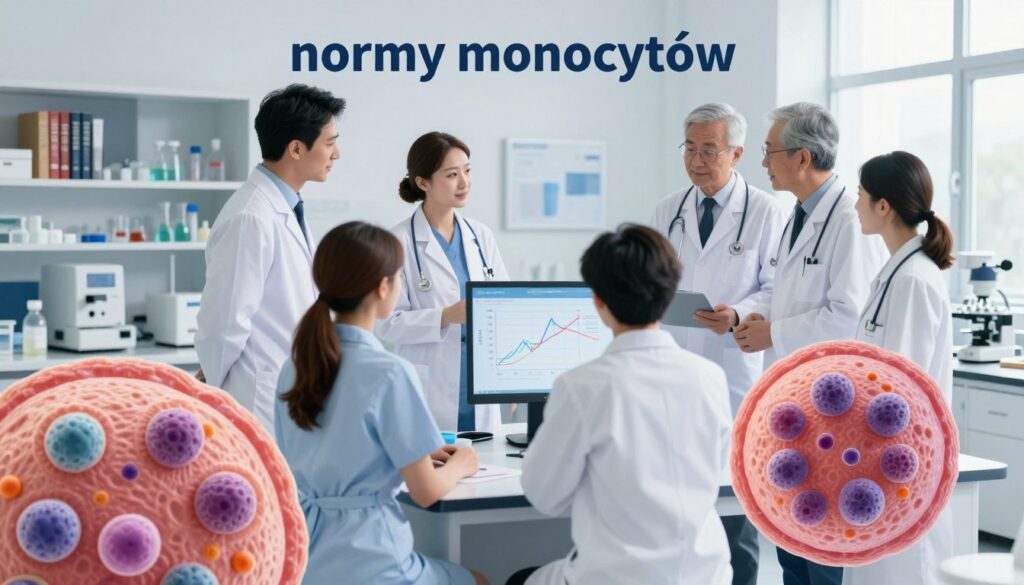 A scientific illustration focused on "normy monocytów" (normal monocyte levels) in a clinical context. In the foreground, a detailed anatomical representation of monocytes, showcasing their distinct morphology, color-coded for clarity. The middle layer features a diverse group of healthcare professionals in professional business attire, discussing monocyte levels in a bright, modern laboratory setting. They are gathered around a digital display with graphs and reference ranges for adult and pediatric monocyte counts. In the background, an organized lab with shelves of medical books and diagnostic equipment, softly illuminated by natural light from large windows. The atmosphere is educational and professional, emphasizing the importance of understanding monocyte norms and their connection to stress.