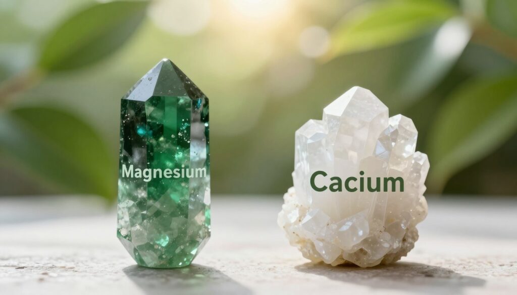 A serene and balanced composition showcasing magnesium and calcium as essential minerals for stress management. In the foreground, depict two elegant, crystalline forms representing magnesium and calcium; the magnesium crystal should be deep green and reflective, while the calcium crystal should be a soft, pearly white. In the middle, a softly glowing, out-of-focus background features lush green leaves, symbolizing nature and health, with gentle sunlight filtering through to create warm highlights. The overall mood should evoke tranquility and well-being, emphasizing the importance of these minerals in a stress-free lifestyle. Aim for a harmonious balance of colors and textures, focusing on clarity and simplicity. Use soft, natural lighting to enhance the sense of calm.