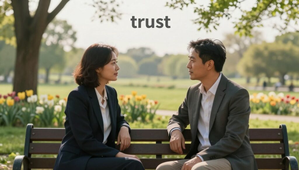 A serene and balanced image portraying the concept of "trust" in a relationship after betrayal. In the foreground, a couple sits closely on a park bench, facing each other and engaged in a heartfelt conversation. They are dressed in professional business attire, reflecting a sense of maturity and commitment. In the middle ground, soft greenery and blooming flowers symbolize growth and healing, while a gentle light filters through the trees, casting a warm glow on them. In the background, an open, peaceful landscape stretches to the horizon, suggesting hope and a new beginning. The overall mood is reflective and optimistic, highlighting the journey of rebuilding trust with transparency and boundaries. The image is well-lit, capturing intimate expressions with a soft focus lens, emphasizing emotional connection without distractions.
