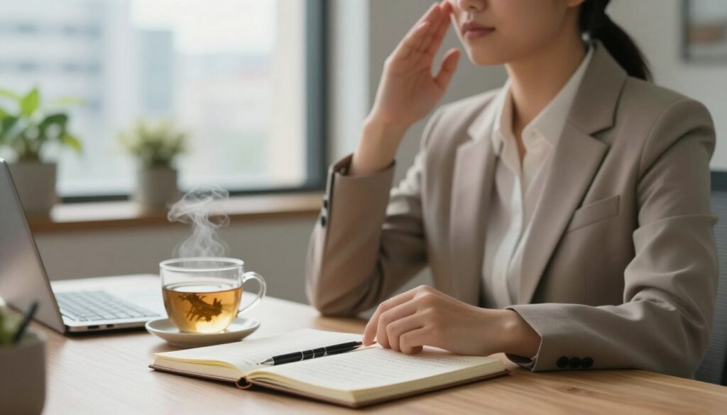 A serene and calming office environment, featuring a professional individual in modest business attire practicing deep breathing at a desk. The foreground showcases a notebook filled with stress-relief strategies and a steaming cup of herbal tea. In the middle, a soft, warm light filters through a window with plants, creating a sense of tranquility. The background includes a blurred cityscape, symbolizing the chaos of the outside world, contrasted with the peaceful atmosphere inside. The mood should evoke relaxation and mindfulness, capturing the essence of calming techniques. Use a shallow depth of field to emphasize the foreground while keeping the background slightly out of focus, enhancing the feeling of sanctuary amidst stress.