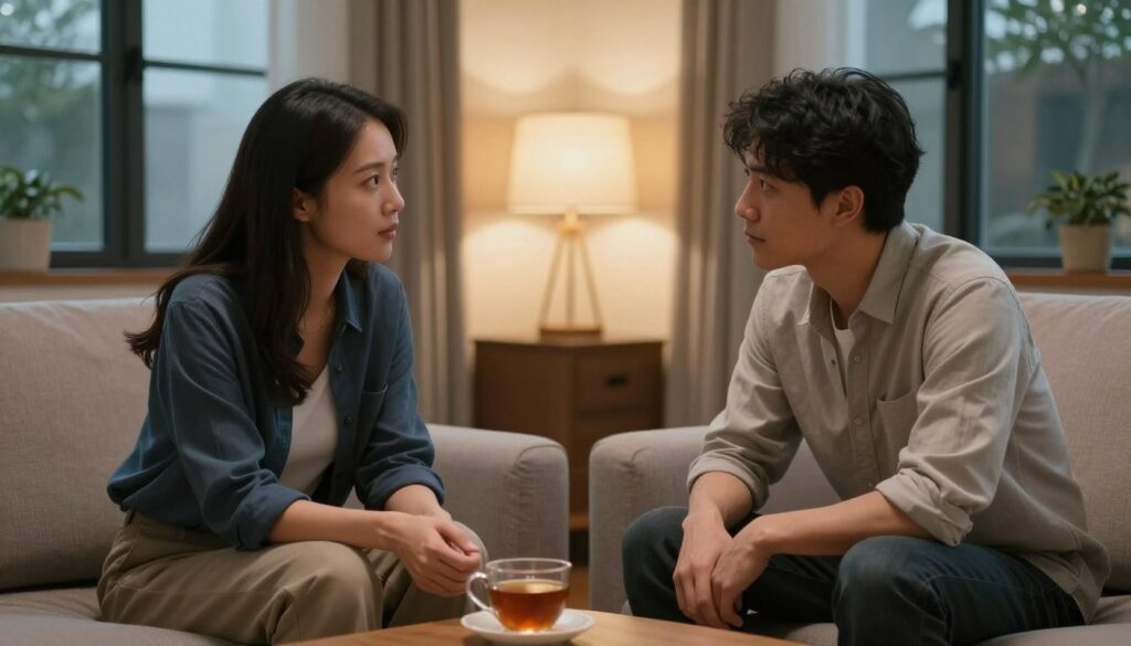 A serene and contemplative scene depicting a couple engaged in a constructive conversation about their relationship, set in a cozy living room. In the foreground, a man and a woman, dressed in smart casual clothing, are seated close together on a comfortable sofa, leaning towards each other with attentive expressions, symbolizing openness and understanding. In the middle, a warm cup of tea sits on a small table between them, hinting at a shared moment. The background features soft, ambient lighting from a nearby lamp, creating a cozy atmosphere. Large windows show a gentle evening light outside, enhancing the sense of intimacy. The overall mood should convey a sense of hope, connection, and collaboration, illustrating the theme of resolving conflicts positively.