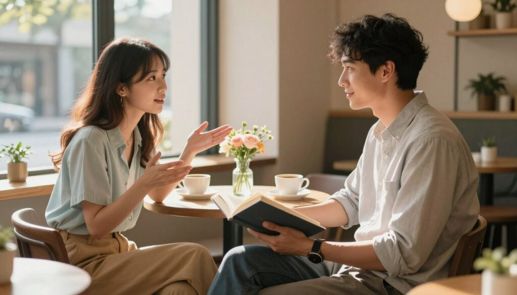 A serene and harmonious scene depicting a Taurus and Gemini couple sitting together in a cozy, well-lit café. In the foreground, the Taurus, dressed in smart casual clothing, is reading a book, embodying stability and calmness. The Gemini, in light and colorful attire, animatedly gestures as they share ideas, highlighting their communicative nature. The middle ground features a small table adorned with coffee cups and a vase of fresh flowers, symbolizing growth and connection. In the background, warm sunlight filters through large windows, casting soft shadows and creating an inviting atmosphere. The mood is friendly and collaborative, emphasizing the importance of building a lasting bond amidst their contrasting personalities.