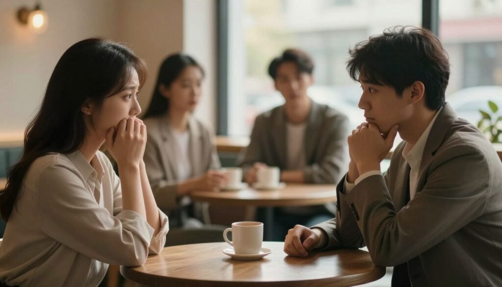 A serene and introspective scene capturing the emotional journey of a couple navigating the stages of healing after infidelity. In the foreground, two individuals in modest, professional attire sit at a small café table, their expressions reflecting a mix of shock and contemplation. The middle ground features soft, blurred silhouettes of supportive friends in casual but respectable clothing, symbolizing the importance of support during tough times. In the background, warm, diffused light filters through a window, casting gentle rays that suggest hope and understanding. The atmosphere should be contemplative, evoking a sense of emotional transition from pain to acceptance, with soft focus to enhance the mood of intimacy and reflection.