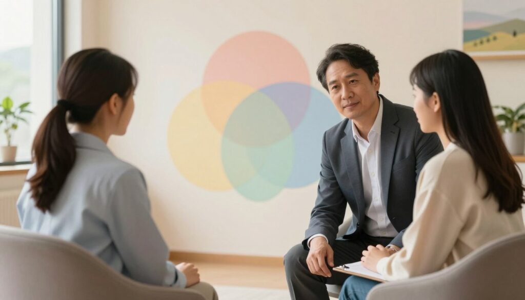 A serene counseling room with warm, inviting lighting. In the foreground, a therapist and a client are seated in comfortable chairs, both in professional attire, engaged in a supportive conversation. The therapist, a middle-aged individual with a kind expression, leans slightly forward, showing empathy. The client, a young adult with an attentive posture, appears relieved and engaged. In the middle ground, a soft, abstract representation of emotional support elements, like overlapping circles in pastel colors, symbolizes connection and understanding. The background features calming images of nature, such as a soothing landscape visible through a window, enhancing the atmosphere of hope and healing. The image's overall mood is uplifting and reassuring, with a focus on trust and professionalism.