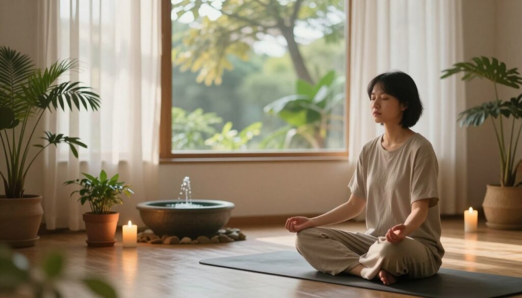 A serene indoor meditation space, softly illuminated by warm, natural light filtering through sheer curtains. In the foreground, a person sits cross-legged on a plush yoga mat, wearing comfortable, modest clothing, eyes closed in a peaceful expression. The middle ground features an array of calming elements such as potted plants, a small fountain trickling water, and candles casting a gentle glow. In the background, a window displays a tranquil nature scene, with trees gently swaying in the breeze. The atmosphere is tranquil and introspective, evoking a sense of relief from stress and tension. The image should have a soft focus, creating a dreamlike quality, inviting viewers to connect with the meditation experience.