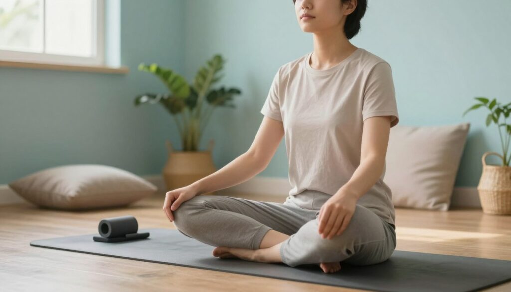 A serene indoor setting dedicated to relaxation, featuring a person in comfortable, modest casual clothing practicing Jacobson's progressive relaxation technique. In the foreground, a yoga mat is laid out with a peaceful figure seated cross-legged, eyes closed, embodying tranquility. In the middle ground, soft cushions and plants enhance the comforting atmosphere, while a gentle light filters through a window, casting a warm glow. The background includes a softly painted wall with calming colors like light blue and green, suggesting a soothing environment free from distractions. The overall mood should evoke peace and relaxation, inviting viewers to engage with the concept of body relaxation techniques effectively.
