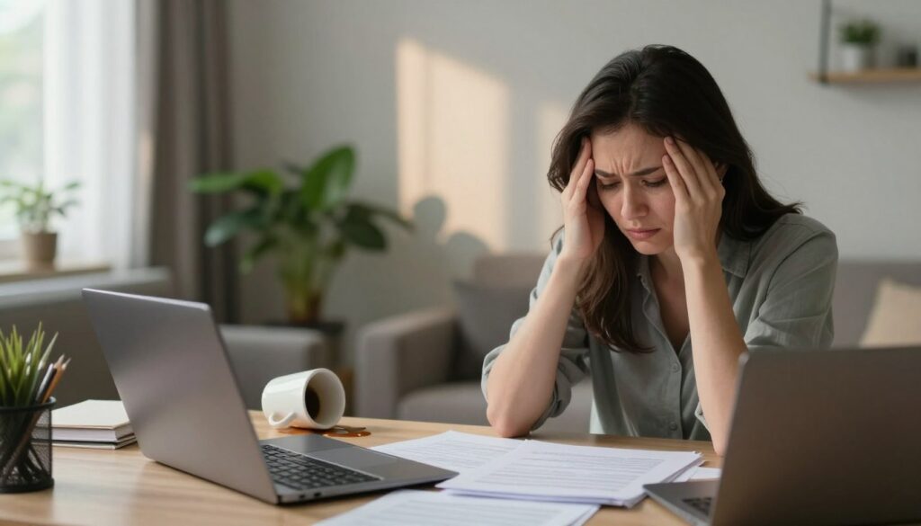A serene indoor setting depicting the signs of stress in everyday life. In the foreground, a woman in modest casual clothing sits at a desk, her expression a mix of concern and fatigue. Papers and a laptop are scattered around, hinting at overwhelming tasks. In the middle ground, a coffee cup spills slightly, symbolizing chaos. The background features a softly lit room with plants and comforting decor, yet a slight shadow looms, representing the pressure of stress. Natural light filters through a window, casting gentle rays that create a contrast between the warmth of the room and the woman’s troubled demeanor. The atmosphere conveys a blend of anxiety and the need for calm, urging viewers to recognize these symptoms in daily life.
