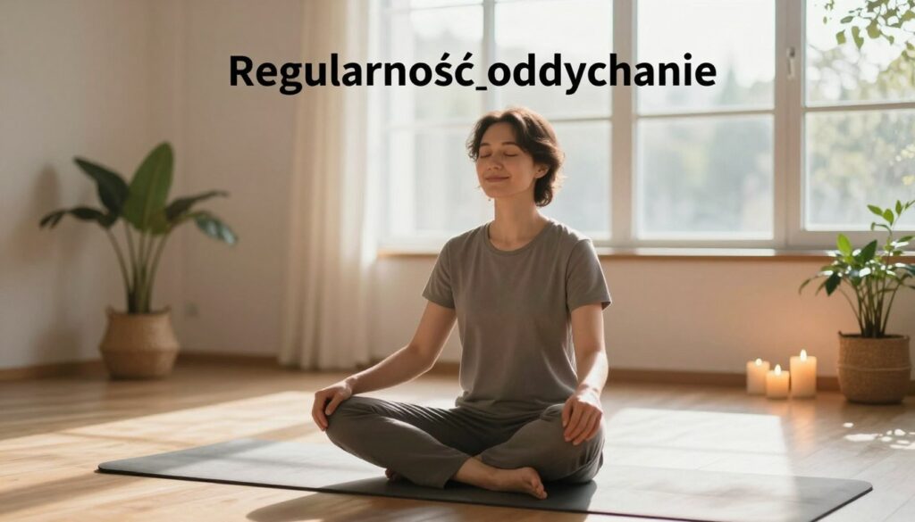 A serene indoor space featuring a person practicing breathing exercises, demonstrating the concept of "Regularność oddychania" (breathing regularity). The foreground shows a calm individual in modest casual clothing, positioned in a comfortable seated posture on a yoga mat, with a gentle smile, eyes closed in a meditative state. The middle ground includes softly lit candles and a small potted plant, emphasizing tranquility. The background showcases a large window with soft, natural light streaming in, illuminating the room with a warm glow and gentle shadows. The overall atmosphere is peaceful and soothing, capturing the essence of breath control and relaxation, with a focus on harmony and inner peace.
