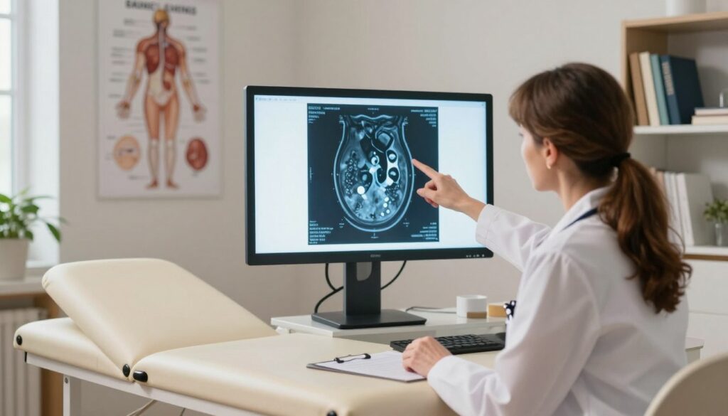 A serene medical consultation scene in a well-lit doctor's office focusing on a professional physician examining an MRI scan of a pineal gland cyst. In the foreground, the physician, a middle-aged Caucasian woman in a white coat, points towards the MRI image displayed on a bright screen, showing a clear view of the pineal gland with highlighted cyst. In the middle, a comfortable examination table and anatomy posters about the pineal gland's function and its relation to stress. In the background, shelves with medical books and a potted plant contribute to a calm, informative atmosphere. Soft, warm lighting creates a reassuring mood, emphasizing professionalism and care as the physician discusses monitoring versus treatment options.