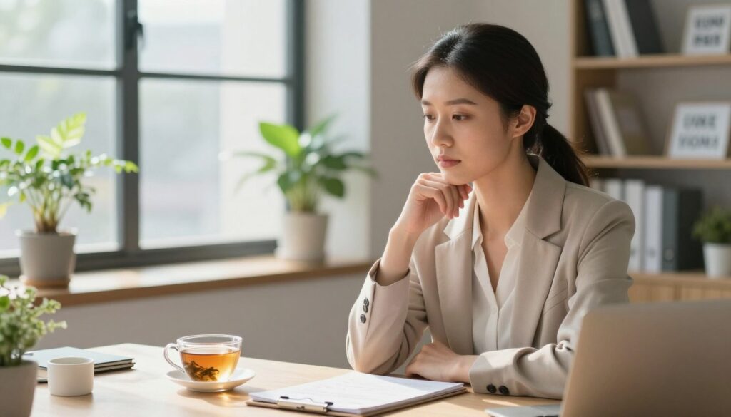 A serene office environment where a professional woman in modest business attire is seated at a desk, her face reflecting deep contemplation as she gazes thoughtfully at a notepad filled with notes. In the foreground, a warm cup of herbal tea rests beside her, symbolizing self-care. The middle ground features a large window letting in soft, natural light, casting gentle shadows and highlighting a few indoor plants that evoke a sense of growth and renewal. The background is blurred but suggests a cozy, inviting workspace with bookshelves and motivational quotes visible. The overall mood is one of introspection and clarity, emphasizing the theme of making thoughtful decisions that respect personal boundaries and needs.