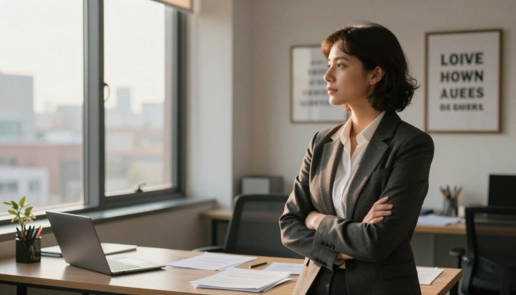 A serene office setting, emphasizing the theme of personal decision-making. In the foreground, a confident individual in professional business attire stands with arms crossed, gazing thoughtfully out a large window with a cityscape view. In the middle ground, a cluttered desk scattered with papers and a closed laptop symbolizes the chaos of external opinions. The background features motivational quotes framed on the walls, but they're deliberately out of focus to signify the need to prioritize personal judgment. Soft, natural light filters through the window, casting warm hues onto the scene, evoking a calm atmosphere encouraging introspection and individual strength. The composition beckons viewers to focus on the importance of self-reliance in decision-making.