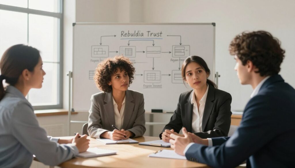A serene office setting, symbolizing the gradual rebuilding of trust. In the foreground, a diverse group of three individuals seated at a round table, engaged in a thoughtful discussion, dressed in smart business attire. One person, a woman with short curly hair, leans forward, actively listening, while the others express understanding through supportive body language. In the middle ground, a whiteboard displays a flowchart illustrating steps to regain trust, filled with diagrams and arrows indicating progress. The background features a warm, softly lit window with sunlight streaming in, casting gentle shadows. The atmosphere conveys hope, collaboration, and emotional growth, reflecting the theme of rebuilding trust step by step.