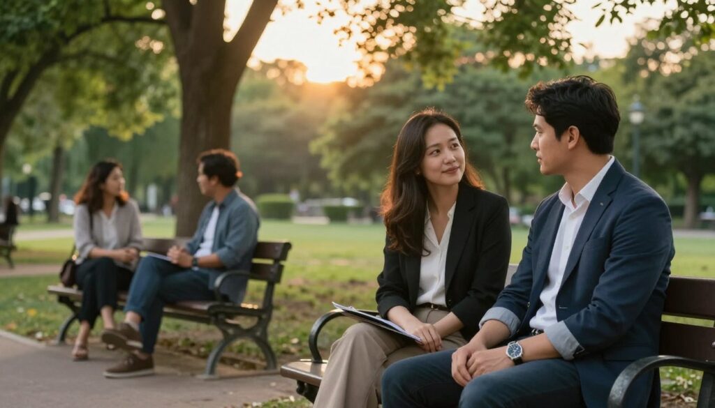 A serene park setting during golden hour, with soft sunlight filtering through trees. In the foreground, a couple sits on a bench, deeply engaged in conversation. They are dressed in smart casual attire, conveying a sense of intimacy and professionalism. Their expressions reflect a mixture of joy and contemplation, hinting at the complexities of relationships. In the middle ground, other couples can be seen enjoying the ambiance, each engaged in their own interactions, further emphasizing the theme of boundaries in relationships. The background features lush greenery and a tranquil pathway, creating a peaceful atmosphere. The overall mood is warm and reflective, inviting viewers to ponder the nuances of affection and fidelity.